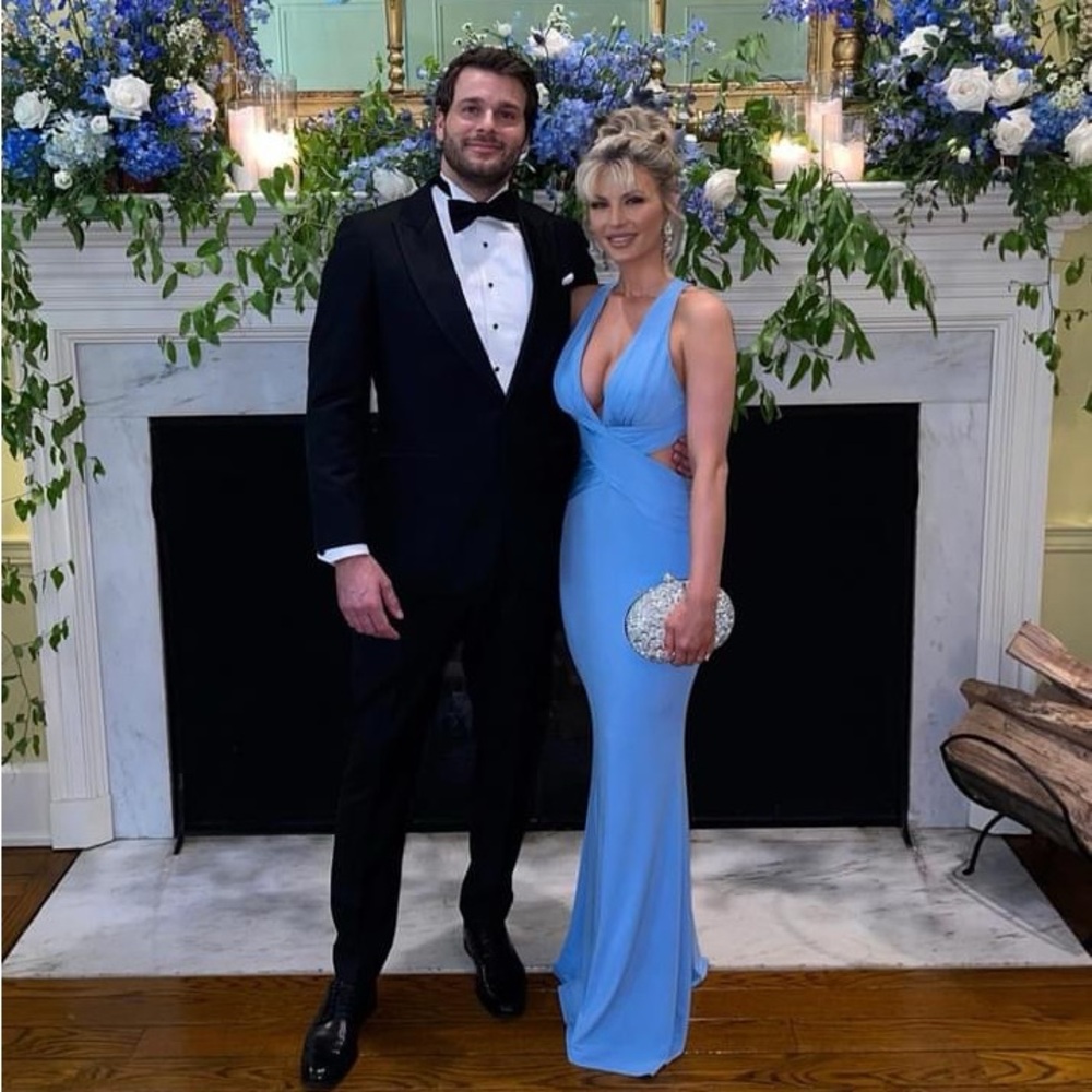 Long baby blue side cut out dress.